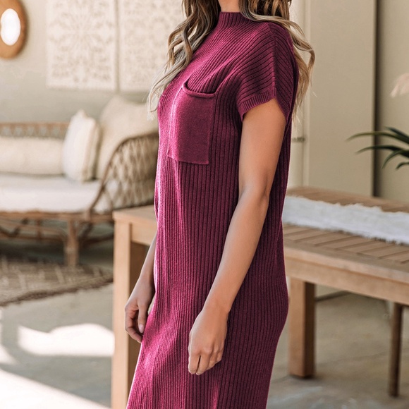 B106 Red Dalia Patch Pocket Ribbed Knit Short Sleeve Sweater Dress - Picture 2 of 3